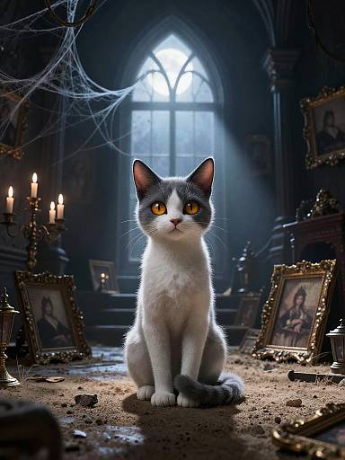 Photorealistic digital artwork of a white and gray cat with yellow eyes sitting in a dimly lit, Gothic-style room with candles, spider webs,