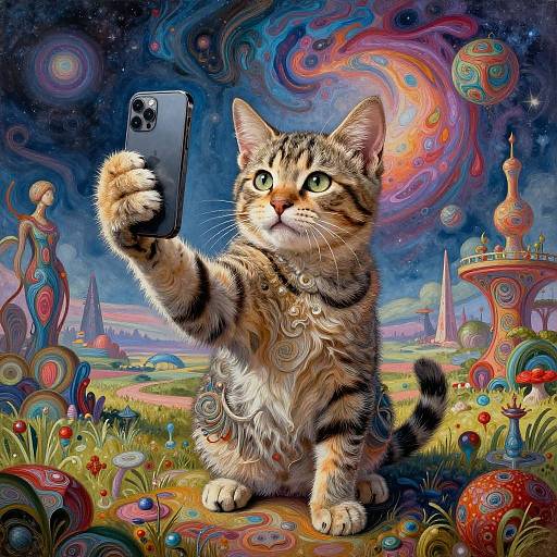 Digital artwork of a striped kitten taking a selfie in a vibrant, surreal landscape with swirling colors, fantastical mushrooms, and ornate structures.