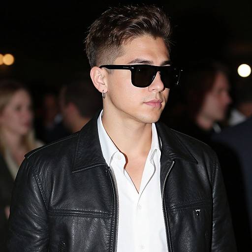 Photograph of a young, white male with short brown hair, wearing black sunglasses, white shirt, and black leather jacket, standing in a dimly