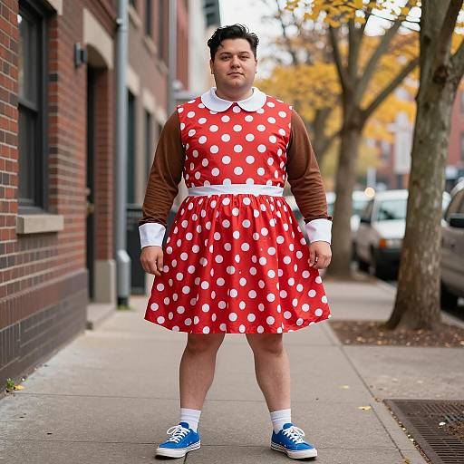 Man in Red Polka Dot Dress on Urban Sidewalk