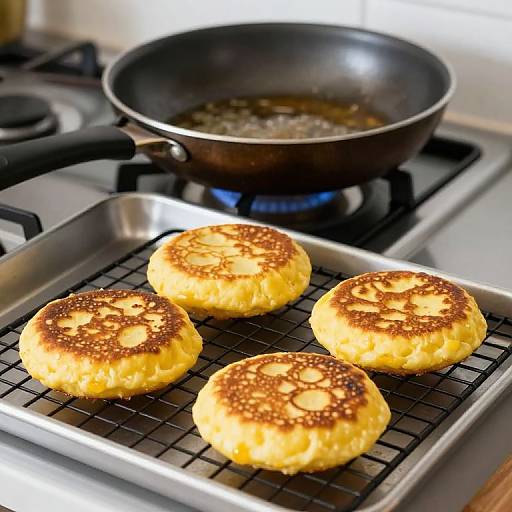 Photograph of three golden-brown, sesame-seed-topped biscuits on a wire rack, in front of a black frying pan with boiling oil on
