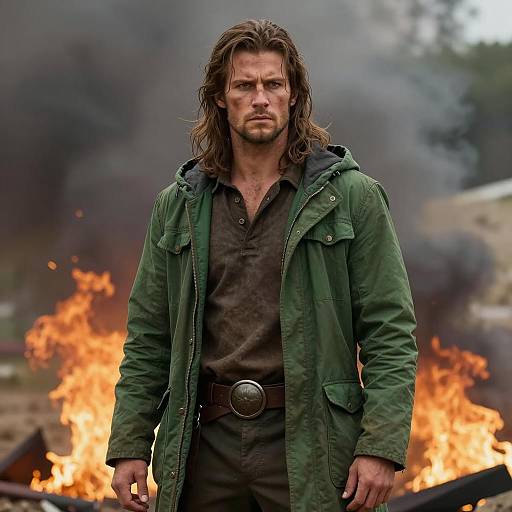 Rugged Male in Apocalypse Costume with Fire Background