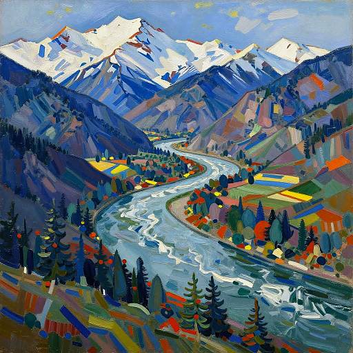 Vibrant, impressionistic painting of a winding river through colorful, snow-capped mountain landscape with lush forests, bright yellow fields, and clear blue