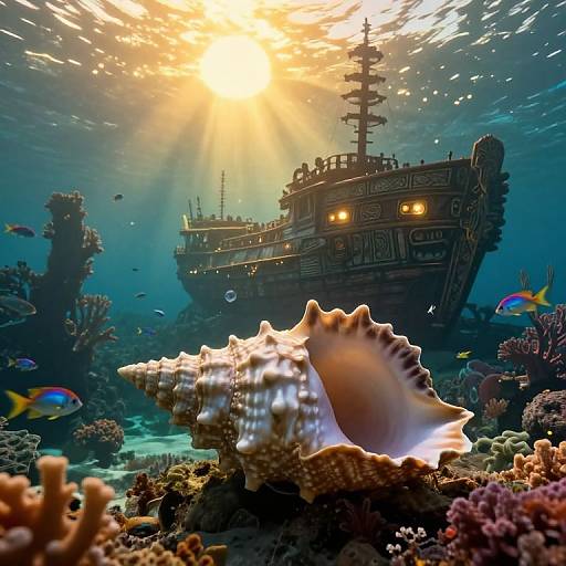 Photograph of a sunlit, underwater scene featuring a dark, shipwrecked pirate ship with glowing eyes, surrounded by colorful fish, coral,