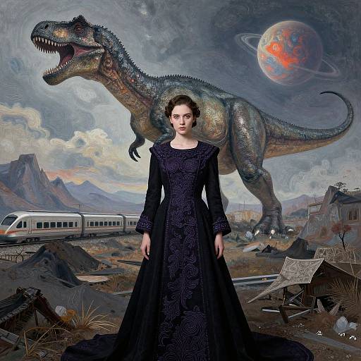 Digital artwork: Pale-skinned woman in ornate black dress stands in post-apocalyptic landscape with giant dinosaur, planet, train, and ruins.