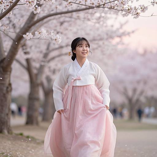 Photograph of a smiling Korean woman in traditional white and pink hanbok, standing under blooming cherry blossom trees, with a soft, blurred background