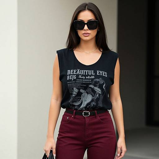 Photograph of a slim, dark-haired woman in black sleeveless 