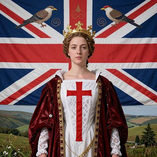 Photograph of a young woman in regal attire, wearing a gold crown and white dress with red cross, against a Union Jack flag backdrop with two