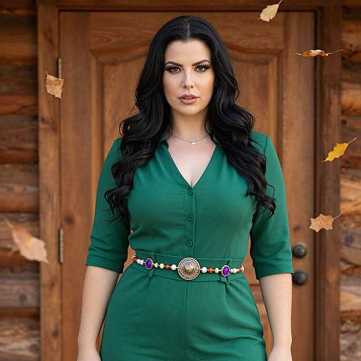 Photograph of a fair-skinned, dark-haired woman in a green dress with a beaded belt, standing in front of a wooden log cabin door