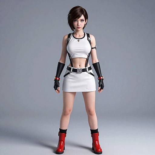 CGI image of a young woman with short black hair, wearing a white crop top, mini skirt, black gloves, red boots, and black arm