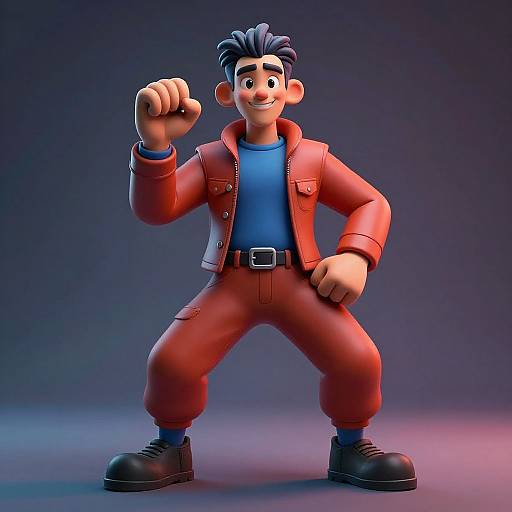 3D cartoon-style character with dark blue hair, smiling, wearing a red jacket, blue shirt, red pants, and black boots, standing confidently with