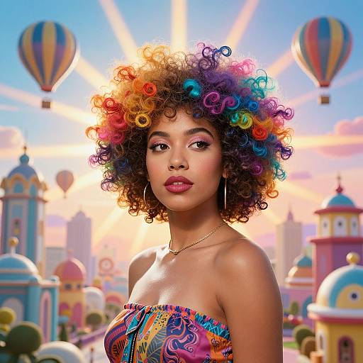 Photograph-style digital art of a young Black woman with vibrant rainbow curly hair, wearing a colorful strapless dress, set against a whimsical, sun