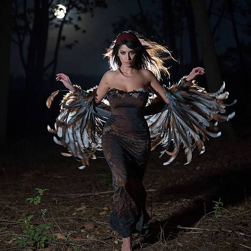 Photograph of a dark-haired woman in a sheer, strapless black dress with large, feathery wings, standing in a moonlit, dark