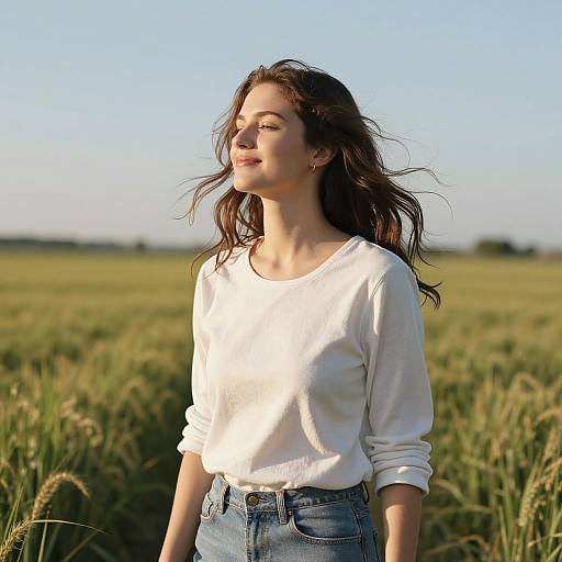 Photograph of a young woman with long brown hair, wearing a white sweater and blue jeans, standing in a sunlit wheat field. She smiles with