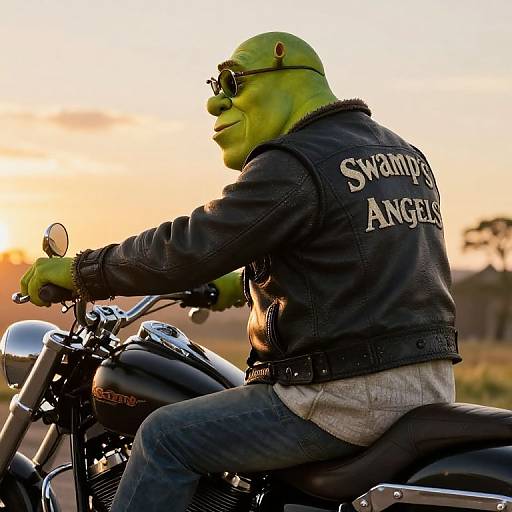 Photograph of a green-skinned, bald, sunglasses-wearing 