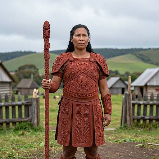 Photograph of a Native Hawaiian woman in red, intricately patterned traditional armor, holding a wooden staff, standing in a rural, grassy field