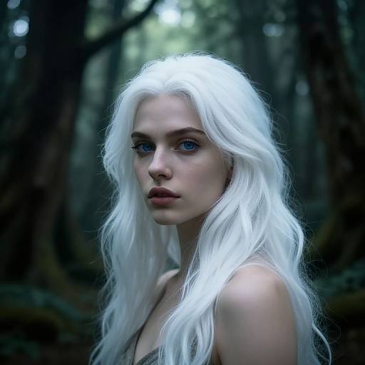 Realistic White-Haired Girl in Mystical Forest