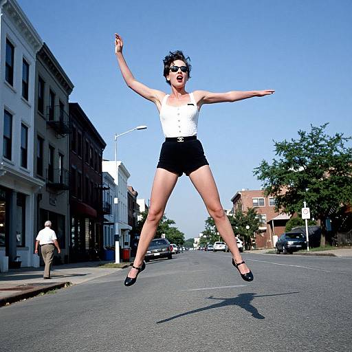 Photograph of a woman with short black hair, wearing sunglasses, white sleeveless top, black shorts, and black heels, jumping joyfully on a