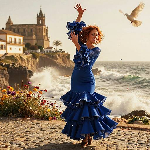Photograph of a curly-haired woman in a blue, ruffled dress dancing on a rocky beach with waves crashing, a seagull flying, and