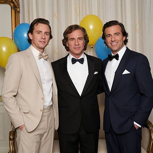 Photograph of three men in formal wear, standing side by side, wearing bow ties and tuxedos or a beige suit, with yellow and