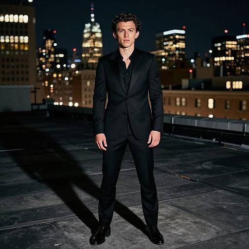 Photograph of a handsome man with curly dark hair in a black suit standing on a rooftop at night, city lights in the background.