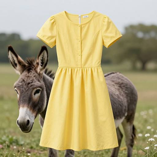 Photograph of a bright yellow child's dress displayed in front of a gray donkey in a grassy meadow with trees in the background.