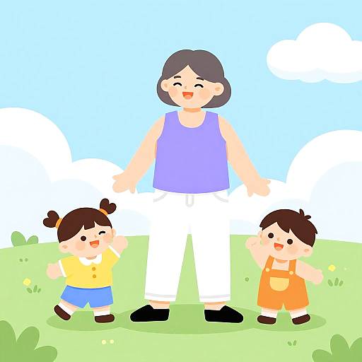 Playful Grandmother with Children Vector Art