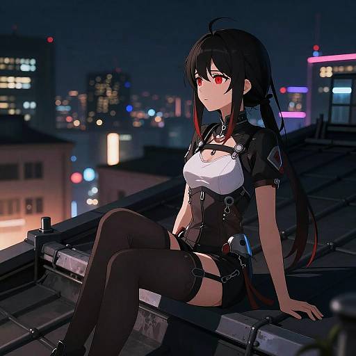 Digital anime-style artwork of a black-haired, red-eyed girl in a black and white outfit, sitting on a rooftop at night, with a cityscape