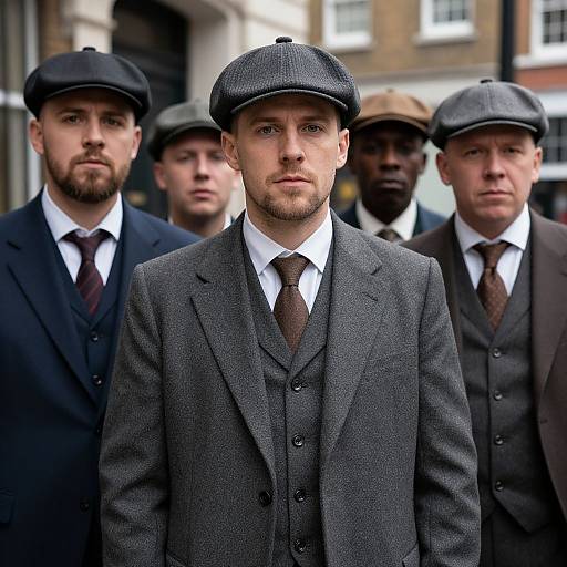 Photograph of six men in vintage, dark gray suits and flat caps, standing in a row; central man with blue eyes and trimmed beard, brown