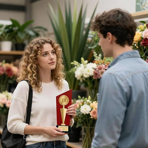 Woman Holding Award in Flower Shop