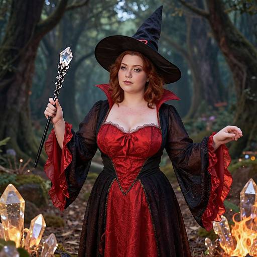 Photograph of a fair-skinned, red-haired woman in a red and black witch costume, holding a crystal wand, surrounded by glowing crystals in a