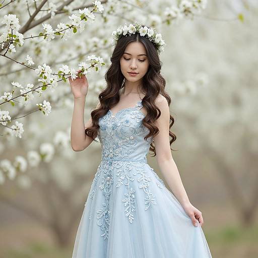 Photograph of an Asian woman with long, wavy black hair, wearing a white, lace-embellished, sleeveless wedding dress, standing