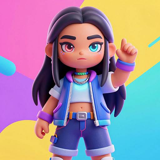 Digital art of a chibi-style girl with long black hair, heterochromatic eyes, wearing a blue jacket, white crop top, shorts, and