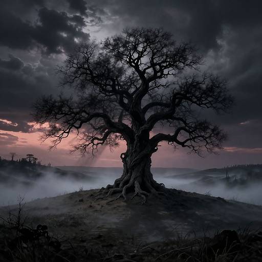 Photograph of a solitary, twisted, leafless tree silhouetted against a dramatic, cloudy sky with pink and purple sunset hues, surrounded by