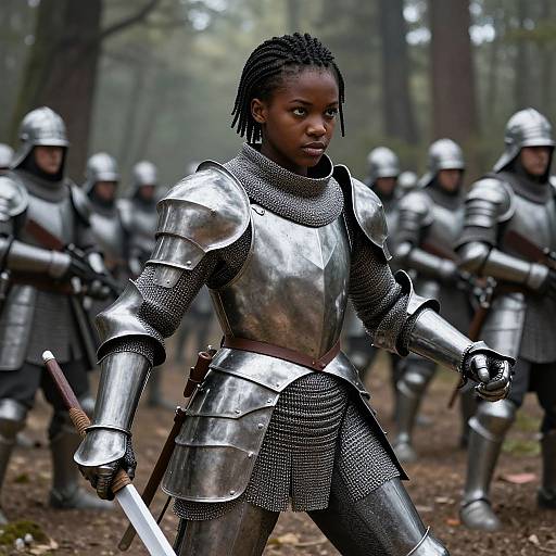 Photograph of a young Black woman with braided hair in medieval silver armor, holding a sword, standing among a blurred forest background of similarly armored soldiers