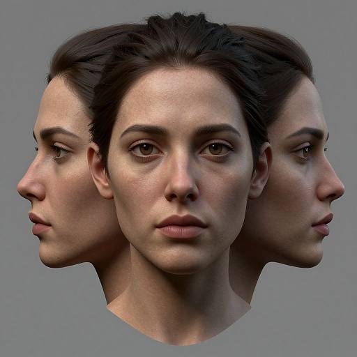 Digital CGI image of a woman with three profiles showing different sides of her face against a gray background. Realistic textures, neutral expression.