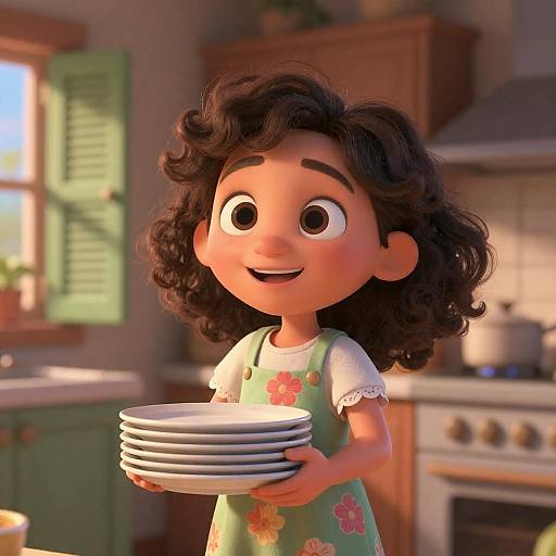 Whimsical Girl with Plates in Kitchen