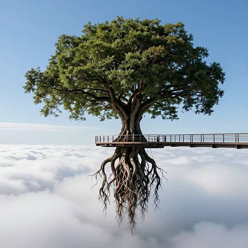 Photorealistic digital art of a large tree with intricate roots floating above clouds, connected to a wooden platform by a railing.