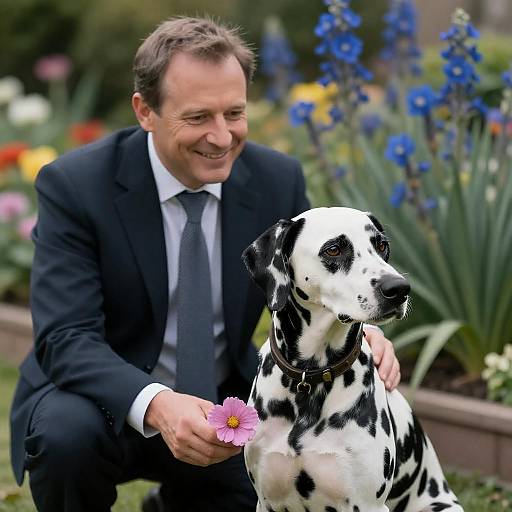 Man with Dalmatian Dog in Garden