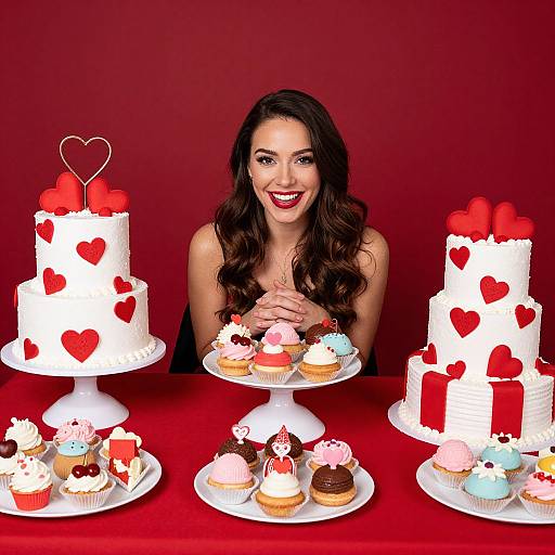 Photograph of a smiling woman with long brown hair, red lipstick, and white sleeveless top, standing behind three heart-decorated white cakes and