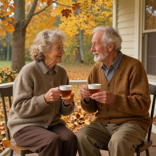 Photograph of elderly white couple with gray hair, wearing brown cardigans, sitting on porch, holding coffee cups, smiling, autumn leaves background.