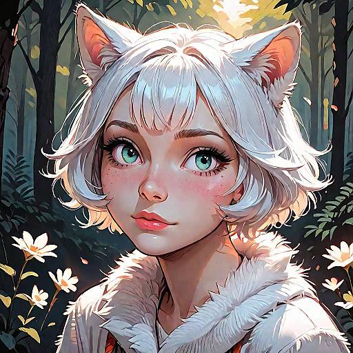 Cozy Arctic Cat Girl in a Forest