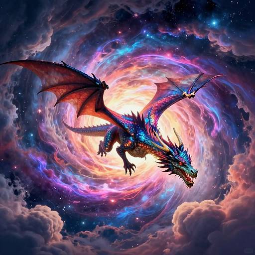 Digital painting of a vibrant, blue and red dragon with glowing blue eyes, wings outstretched, flying through a swirling, cosmic, colorful cloud vortex