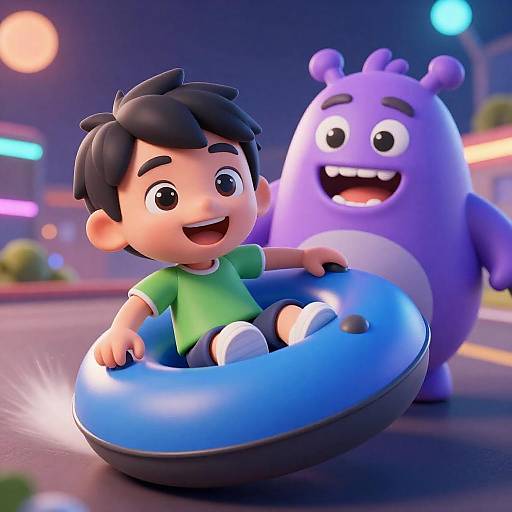 Joyful Boy Riding Glowing Tube With Creature