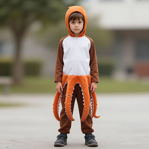 Photograph of a young boy in an orange octopus costume with brown sleeves, white chest, and black shoes, standing outdoors.