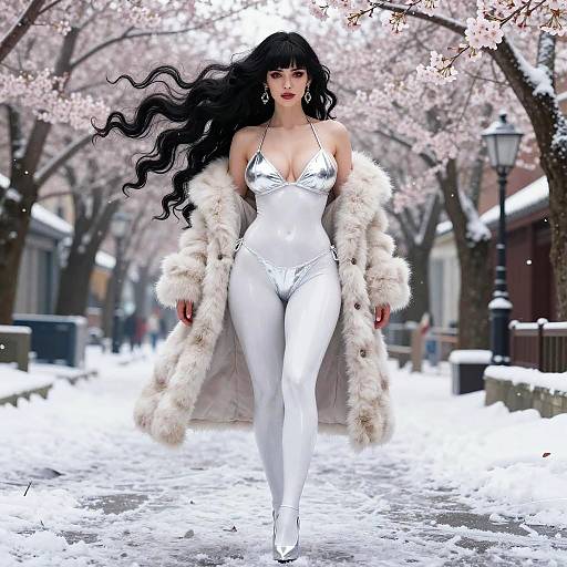Elegant Milf in Winter Cherry Blossoms