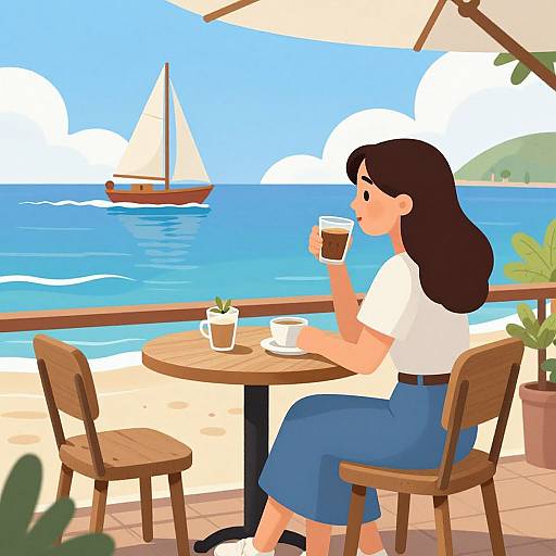 Digital illustration of a woman with black hair, white shirt, blue skirt, sipping coffee at a seaside café, sailboat in background.