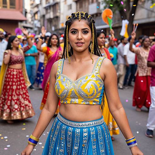 Photograph of an Indian woman with long braids, wearing a yellow and blue traditional outfit, standing in a colorful street parade with diverse, festive crowd
