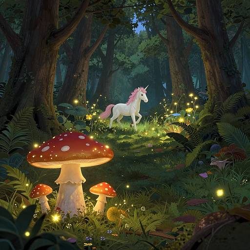 Fantastical forest scene with a glowing white unicorn, surrounded by bioluminescent fireflies and red-spotted mushrooms, under a twilight sky.