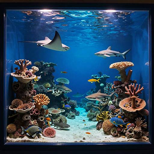 Photograph of a vibrant, illuminated aquarium with various colorful corals, fish, and three sharks swimming in a blue, underwater scene.